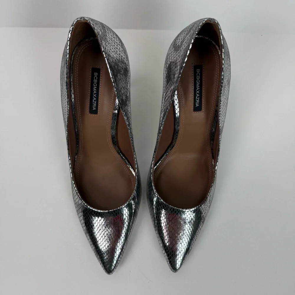 BCBGMAXAZRIA Marain Metallic Leather Metal Heel Graphite Snake Stiletto Size 9 - Picture 4 of 13